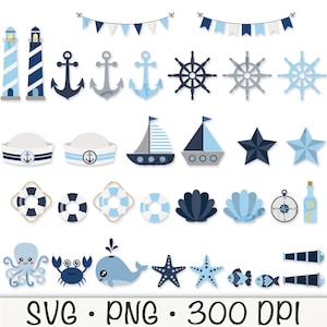Blue Nautical Clipart Pack, Ocean Clipart SVG, Nautical PNG, Lighthouse ...