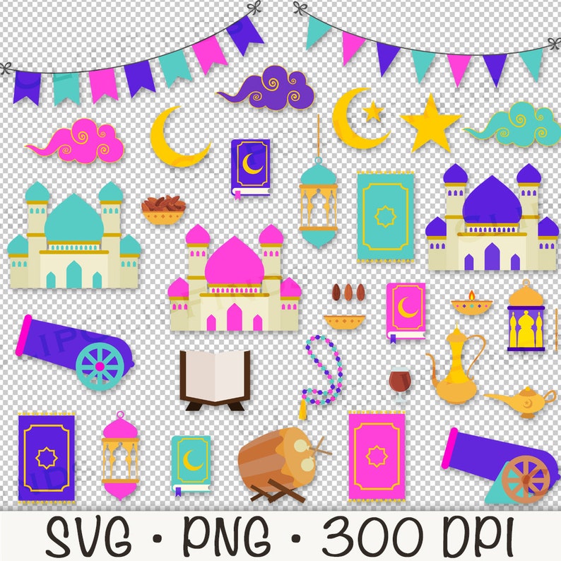 May include: A set of colourful illustrations of Islamic symbols, including mosques, crescent moons, stars, lanterns, prayer rugs, and a cannon. The illustrations are in a flat cartoon style and are perfect for use in digital or printed projects.