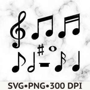 May include: A collection of black musical symbols including a treble clef, various eighth and sixteenth notes, a sharp sign, a whole note, and a rest symbol. The text at the bottom reads SVG PNG 300 DPI, presented against a white marble background.