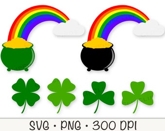 Rainbow Over Melting Pot of Gold, Pot of Gold SVG, Pot of Gold with Rainbow, Saint Patrick's Day SVG Clipart, Shamrock, 4 Leaf Clover