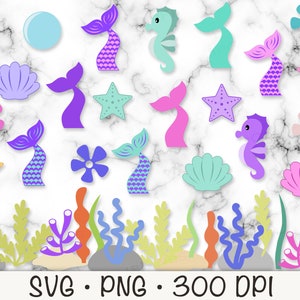 May include: A set of colorful mermaid tail and sea creature SVG cut files. The set includes a variety of sea creatures, including seahorses, starfish, seashells, and seaweed. The files are perfect for creating personalized crafts, decorations, and more.