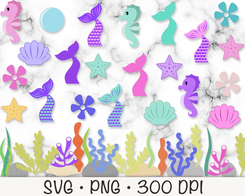 May include: A set of colorful mermaid tail and sea creature SVG cut files. The set includes a variety of sea creatures, including seahorses, starfish, seashells, and seaweed. The files are perfect for creating personalized crafts, decorations, and more.