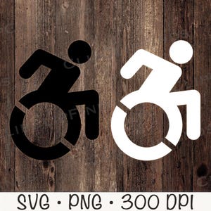 May include: Two wheelchair user symbols, one black and one white, are displayed on a wooden background. The symbols depict a person in a wheelchair, with the text "SVG • PNG • 300 DPI" below.