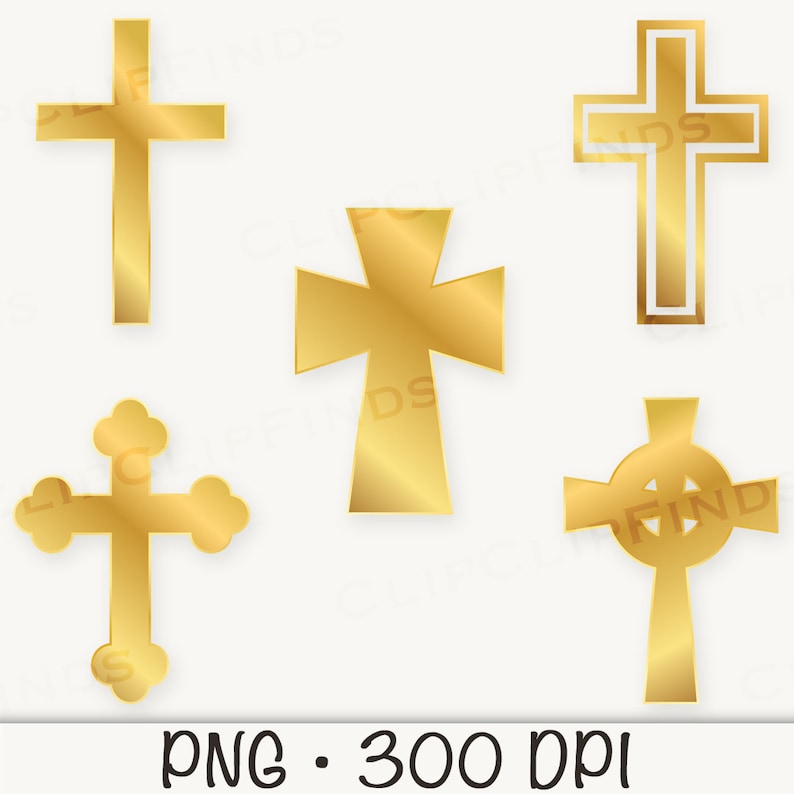 May include: Five gold crosses of different styles. The crosses are isolated on a white background.