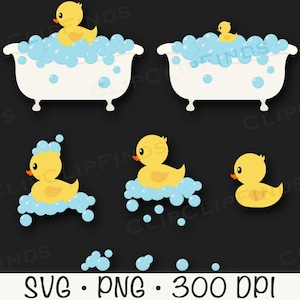 May include: A set of five yellow rubber duckies in various sizes, some in bathtubs filled with blue water and bubbles. The duckies are all smiling and have orange beaks. The bathtubs are white with blue and white polka dots.