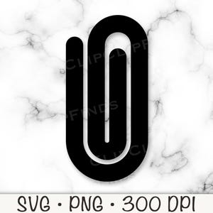 May include: A black paperclip design, rendered in a minimalist style. The graphic is a solid black shape against a white marble background. The bottom of the image includes the text "SVG • PNG • 300 DPI".