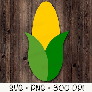 May include: A yellow corn cob with green husks. The corn cob is a simple, flat design.