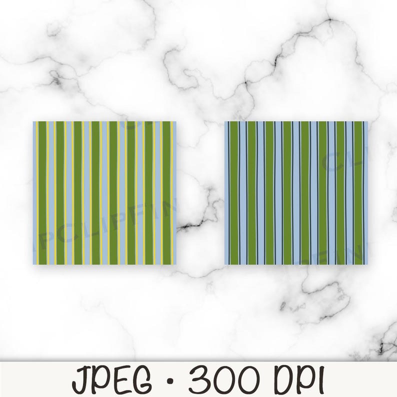 May include: Two square patterned designs with vertical stripes. One features green, light blue, and yellow stripes, while the other has green, light blue, and navy stripes. The background is a white marble pattern. The text "JPEG &bull; 300 DPI" is at the bottom.