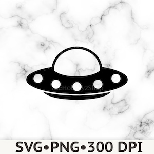 May include: A black graphic illustration of a flying saucer or UFO featuring a domed top and a wide base with five circular portholes arranged horizontally. The design is presented as a clean, solid black silhouette against a white background.