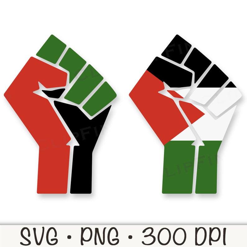 May include: Two raised fists, one with the colors of the Pan-African flag and the other with the colors of the Palestinian flag.