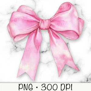 Peut inclure: Un grand nœud rose en aquarelle avec une texture douce et délicate. Le nœud est noué dans un style classique avec deux longues queues.
