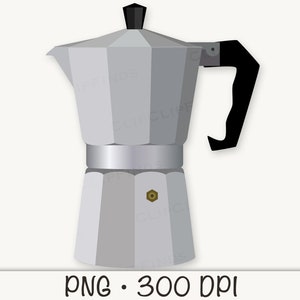 May include: A silver and black stovetop espresso maker with a black handle.