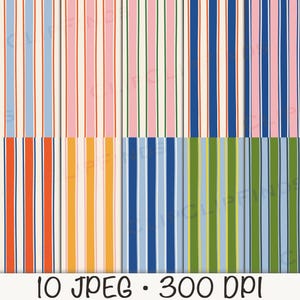 May include: A digital paper pack featuring six different striped patterns in various color combinations. The stripes include colors such as blue, pink, orange, yellow, and green. The text "10 JPEG • 300 DPI" is at the bottom.