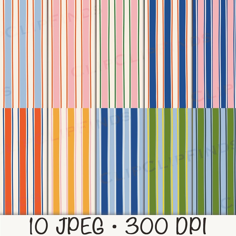 May include: A digital paper pack featuring six different striped patterns in various color combinations. The stripes include colors such as blue, pink, orange, yellow, and green. The text "10 JPEG &bull; 300 DPI" is at the bottom.