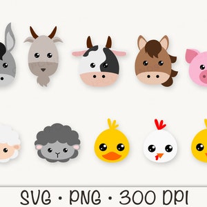 May include: Set of 10 cartoon animal head illustrations. The animals include a donkey, goat, cow, horse, pig, sheep, lamb, chicken, and two chicks. The illustrations are in a simple, flat style with bright colors.