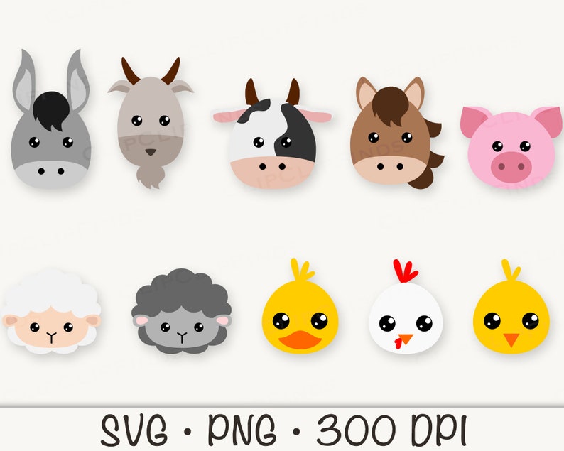 May include: Set of 10 cartoon animal head illustrations. The animals include a donkey, goat, cow, horse, pig, sheep, lamb, chicken, and two chicks. The illustrations are in a simple, flat style with bright colors.