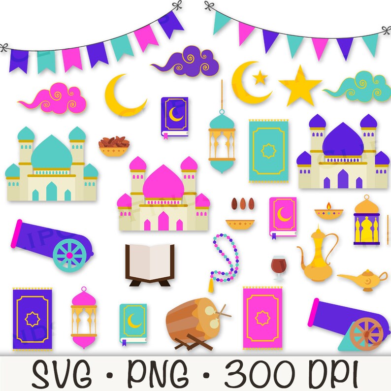 May include: A set of colourful Islamic-themed clipart illustrations, including mosques, lanterns, stars, clouds, and a cannon. The illustrations are perfect for creating invitations, cards, and other crafts.