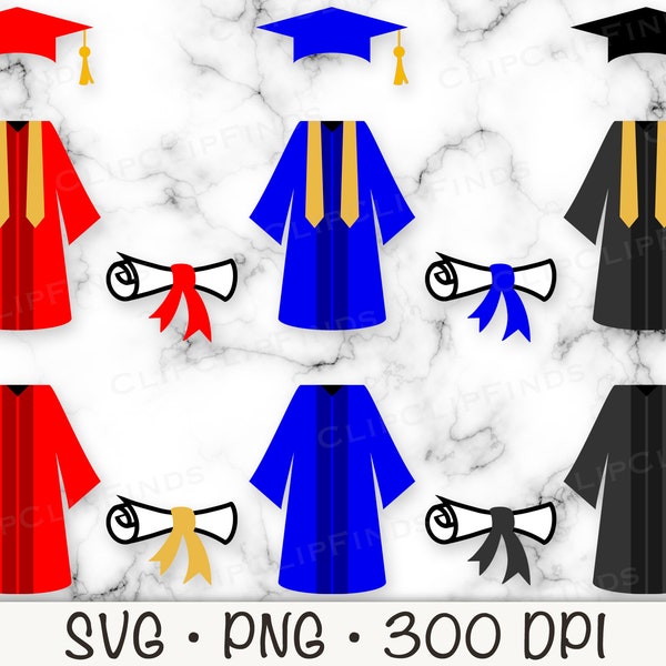 Graduation Cap, Gown, Certificate Diploma | Red, Blue, Black | SVG PNG | Instant Digital Download