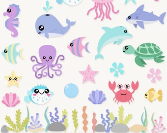Animaux marins mignons SVG, Clipart PNG Kawaii océan animaux marins, patel, étoile de mer, baleine, poulpe, requin, palourde, tortue, algues, algues, hippocampe