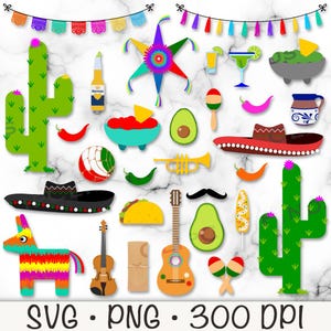 Mexikanische Clipart, mexikanische Grafiken SVG, mexikanisches Thema, Fiesta PNG, Cinco De Mayo, Nacho, Guacamole, Avocado, Taco, Tequila, digitale Datei