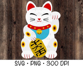 Chinese Feng Shui Good Fortune Lucky Waving Welcome Cat, Maneki Neko Cat, SVG, PNG, Instant Digital Download