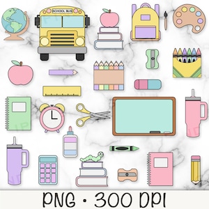 Clipart mignon fournitures scolaires, pastel école classe PNG, colle, ciseaux, rat de bibliothèque, globe terrestre, bus, taille-crayon, pomme, sac à dos, tableau noir