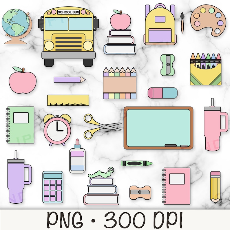Puede incluir: Un conjunto de &uacute;tiles escolares coloridos, que incluyen un autob&uacute;s escolar amarillo, una mochila, un globo terr&aacute;queo, una regla, un sacapuntas, l&aacute;pices de colores, una botella de agua, una calculadora, un cuaderno, un l&aacute;piz, tijeras, una manzana, una paleta de pintura y una pizarra. La imagen est&aacute; sobre un fondo de m&aacute;rmol.