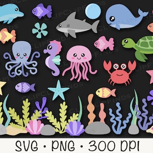 Cute Sea Animals SVG, Ocean Sea Animals PNG Clipart, Starfish, Whale, Octopus, Shark, Fish, Clam, Turtle, Seaweed, Sea Algae, Seahorse image 4