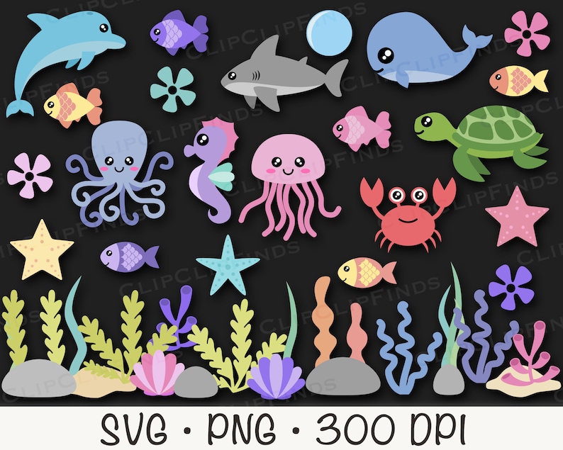 Cute Sea Animals SVG, Ocean Sea Animals PNG Clipart, Starfish, Whale, Octopus, Shark, Fish, Clam, Turtle, Seaweed, Sea Algae, Seahorse image 4