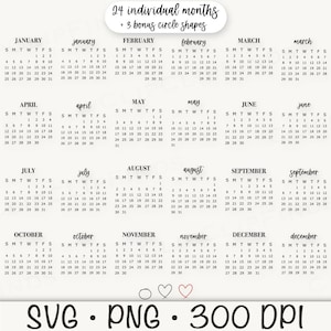 Op de afbeelding: Een afdrukbaar kalenderontwerp met 24 maanden en 3 bonus cirkelvormen. Elke maand wordt weergegeven met zijn dagen van de week en datums. De tekst bevat "SVG . PNG . 300 DPI".