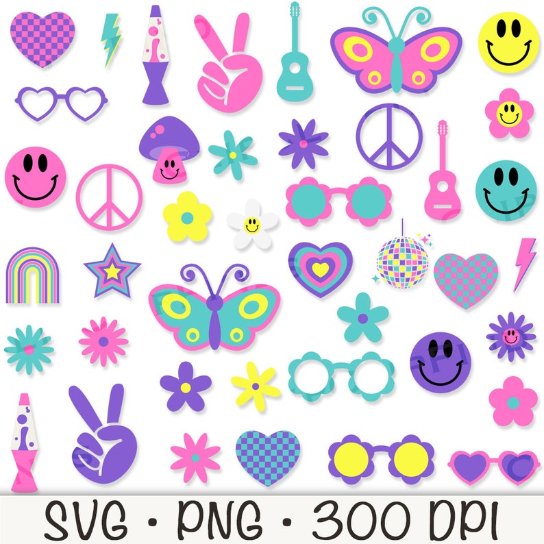 Retro Groovy Clipart, Hippie SVG, Hippie PNG, Flower Power, Happy Face ...
