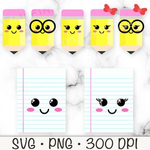 Niedliche Bleistift und Papier SVG, Kawaii Bleistift, Kawaii Notebook Papier, Kawaii Clipart PNG, süße Gesichter, Schule, Schüler, Lehrer, Junge, Mädchen