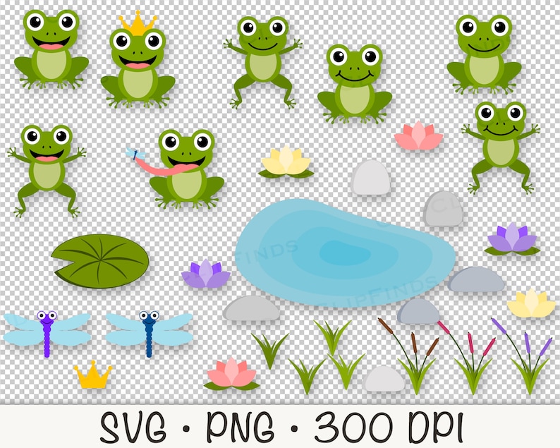May include: A set of green frog illustrations with a crown, lily pads, water, rocks, and flowers.  The illustrations are perfect for crafting projects, scrapbooking, and digital design.