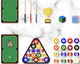 Clipart billard, salle de billard PNG, 8 boules, triangle de billard, craie de billard, queue de billard, table de billard, billard PNG, trophée, téléchargement numérique