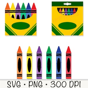May include: A set of eight crayons in a yellow box with a green label. The crayons are red, orange, yellow, green, blue, purple, brown, and black. The box is labeled with the word "Crayons".