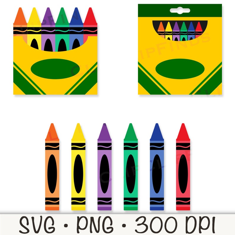 May include: A set of eight crayons in a yellow box with a green label. The crayons are red, orange, yellow, green, blue, purple, brown, and black. The box is labeled with the word "Crayons".