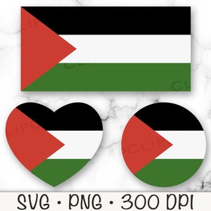 Può includere: Un set di tre download digitali che presentano la bandiera palestinese in tre forme diverse: un rettangolo, un cuore e un cerchio. La bandiera è nera, bianca, verde e rossa con un triangolo rosso nell'angolo in alto a sinistra.