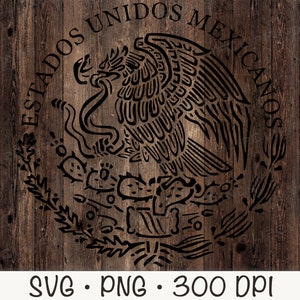 May include: Black and white stylized illustration of the Mexican coat of arms, featuring an eagle perched on a cactus with a snake in its beak. The eagle is surrounded by a wreath of leaves and the text "Estados Unidos Mexicanos".