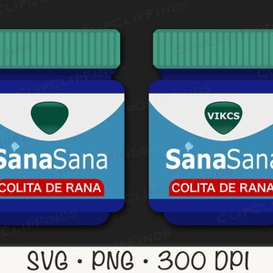 May include: Two blue bottles with green lids and labels. The labels say "SanaSana" and "Colita de Rana". One label also says "VIKCS".