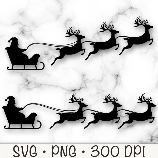 Santa's Sleigh Silhouette SVG, Reindeer SVG, Christmas Holiday PNG, Instant Digital Download