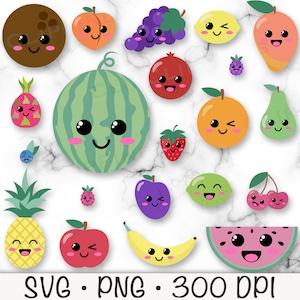 Kawaii fruit clipart, fruit SVG, fruit png, schattig fruit bundelpakket, schattige gezichten, pruim, watermeloen, granaatappel, limoen, citroen, digitale download