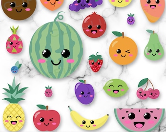 Clipart de fruits kawaii, SVG de fruits, PNG de fruits, pack de fruits mignons, jolis visages, prune, pastèque, grenade, citron vert, citron, téléchargement numérique