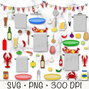 May include: A set of colorful clipart images for a crawfish boil. The images include crawfish, corn on the cob, lemons, potatoes, garlic, onions, hot peppers, beer, a pot, a colander, a crab, a shrimp, a bottle of hot sauce, a bottle of beer, a jar of seasoning, a red and white checkered tablecloth, and a red crab.