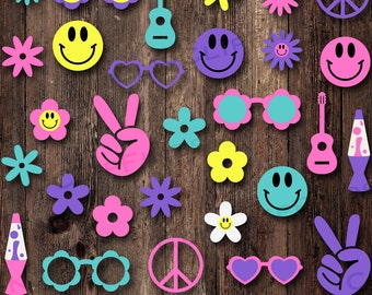 Retro Groovy Clipart, Hippie SVG, Hippie PNG, Flower Power, Happy Face, Daisy Flower, Lava Lamp, Peace Hand Sign, Heart Daisy Sunglasses