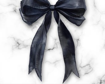 Lazo de acuarela negro PNG, lazo negro coqueto, cinta para el cabello de acuarela negra, clipart, caprichoso, doble bucle, sublimación, tarjeta, archivo digital