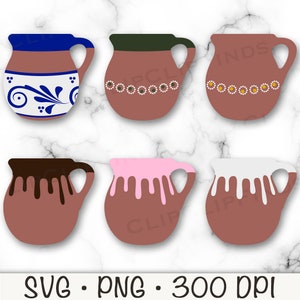 Tazas de barro SVG, tazas de barro mexicanas PNG, taza de atole clipart, jarritos clip art, cafecito, otomí, talavera, margarita, rosa, descarga digital