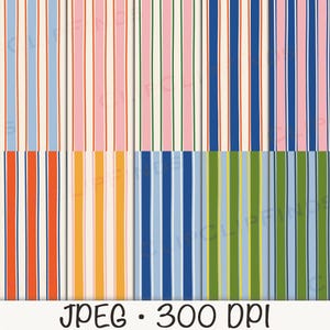 May include: A collection of colorful striped patterns in various color combinations. The patterns include vertical stripes in shades of blue, pink, orange, yellow, and green, with white and cream accents. The image also includes the text "JPEG &bull; 300 DPI".