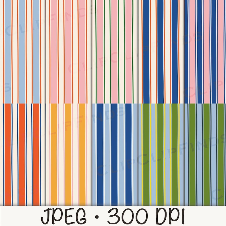 May include: A collection of colorful striped patterns in various color combinations. The patterns include vertical stripes in shades of blue, pink, orange, yellow, and green, with white and cream accents. The image also includes the text "JPEG &bull; 300 DPI".