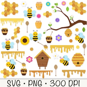 Drukke bijen clipart, bijen SVG, honingbijen PNG, bijenkorf, bijenhuis, honingraat, druipende honing, bijentak, schattige bijen, digitale download