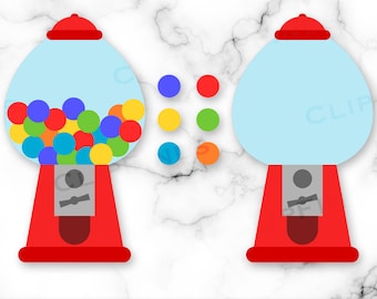 May include: A red and white gumball machine with a blue glass jar filled with colorful gumballs. The gumballs are red, orange, yellow, green, blue, and purple. There are also five separate gumballs in the colors red, orange, yellow, green, and blue.